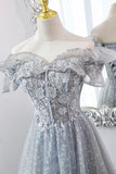 solvbao Gray Tulle Lace Long Prom Dresses, A-Line Sequins Evening Dresses