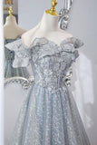 solvbao Gray Tulle Lace Long Prom Dresses, A-Line Sequins Evening Dresses