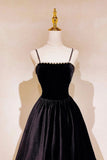 solvbao Black Velvet Pearls Long Prom Dresses, Black A-Line Evening Party Dresses