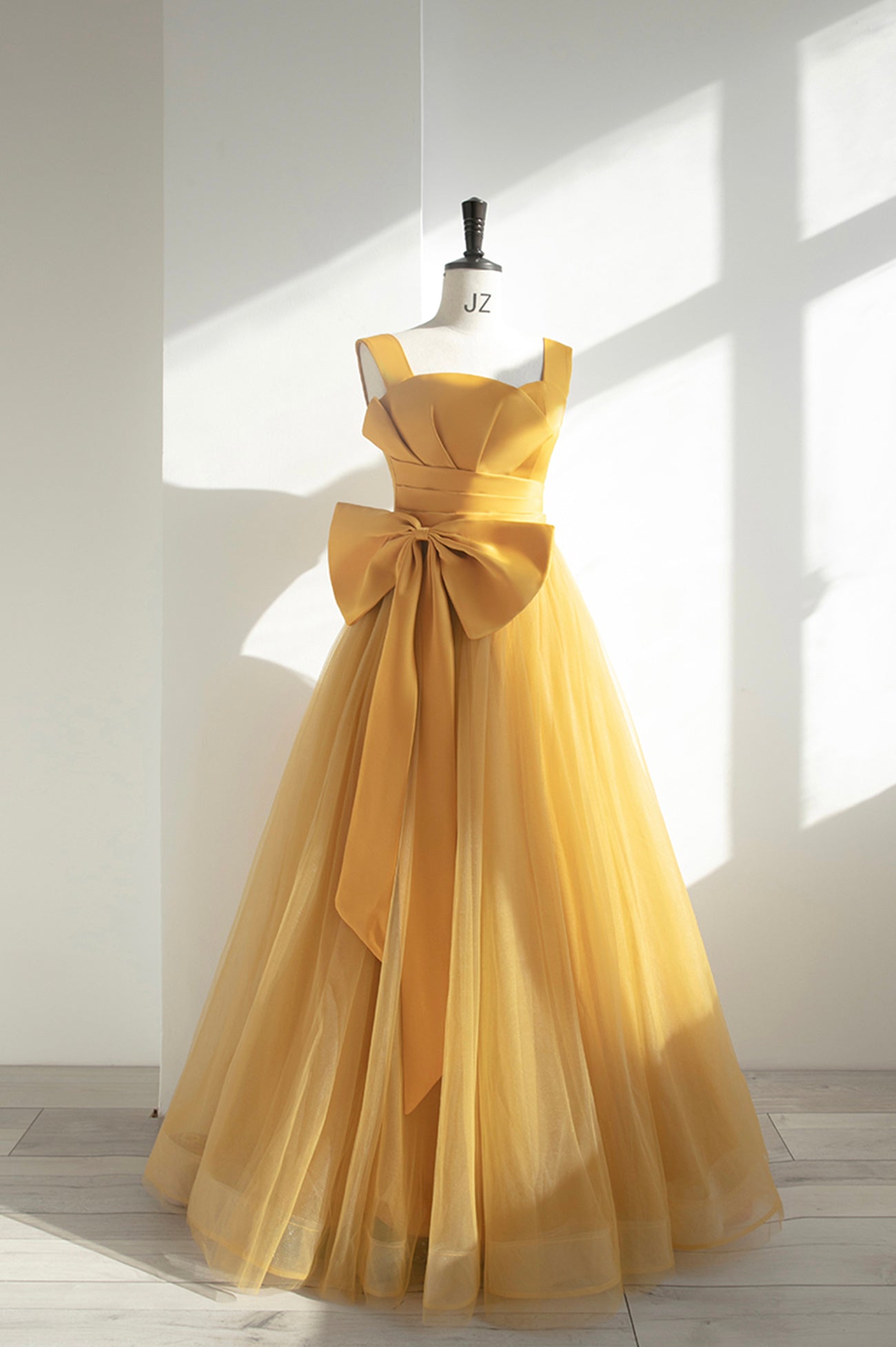 solvbao Yellow Satin Tulle Long Prom Dress, A-Line Evening Dress with Bow