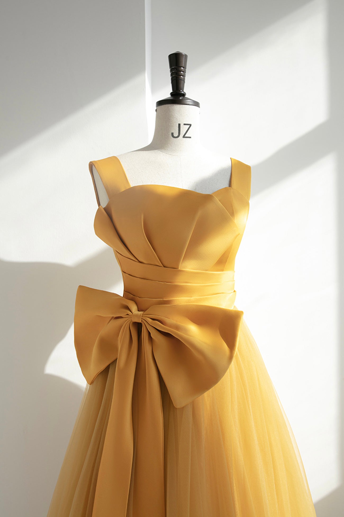 solvbao Yellow Satin Tulle Long Prom Dress, A-Line Evening Dress with Bow