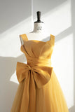 solvbao Yellow Satin Tulle Long Prom Dress, A-Line Evening Dress with Bow