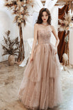 solvbao Lovely Strapless Tulle Sequined Long Prom Dresses, A-Line Evening Party Dresses