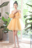 solvbao Yellow Tulle Short Prom Dress, A-Line Short Sleeve Party Dress