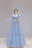 solvbao Blue Tulle Long A-Line Prom Dress, Long Sleeve Tulle Evening Dress