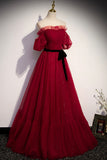 solvbao Burgundy Tulle Long Prom Dresses, A-Line Evening Dresses