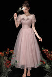 solvbao Pink Tulle Beading Tea Length Prom Dresses, A-Line Homecoming Dresses