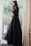 solvbao Black Tulle Long Sleeve Prom Dress, Black A-Line Evening Dress