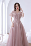 solvbao Off the Shoulder Lace Long Prom Dress, Pink A-Line Evening Dress