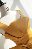 solvbao Yellow Satin Tulle Long Prom Dress, A-Line Evening Dress with Bow