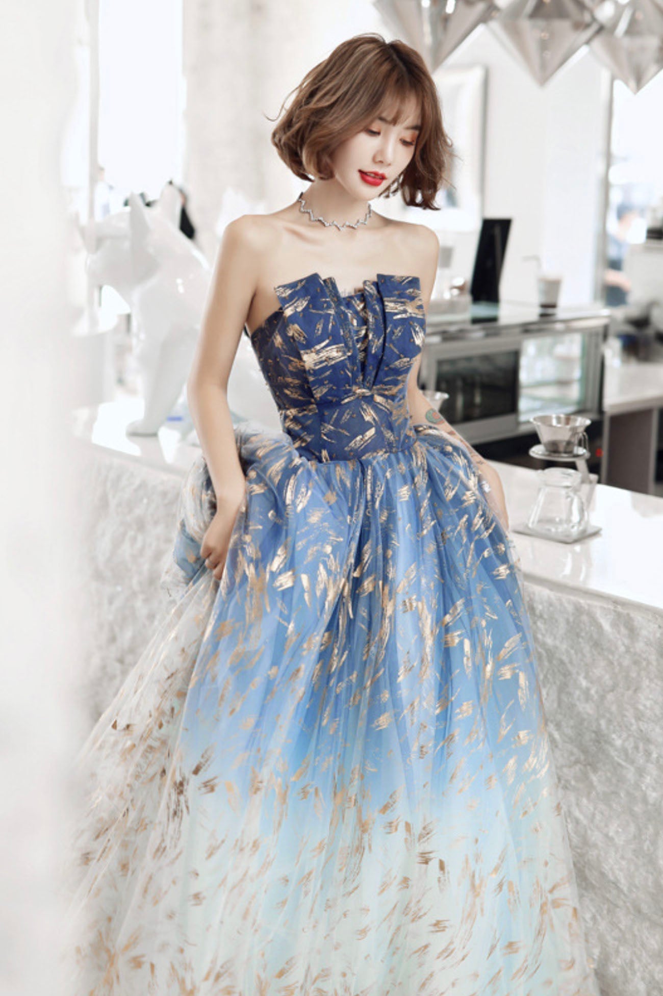 solvbao Blue Tulle Gradient Long Formal Gowns, A-Line Strapless Evening Dresses