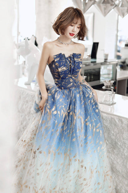 solvbao Blue Tulle Gradient Long Formal Gowns, A-Line Strapless Evening Dresses