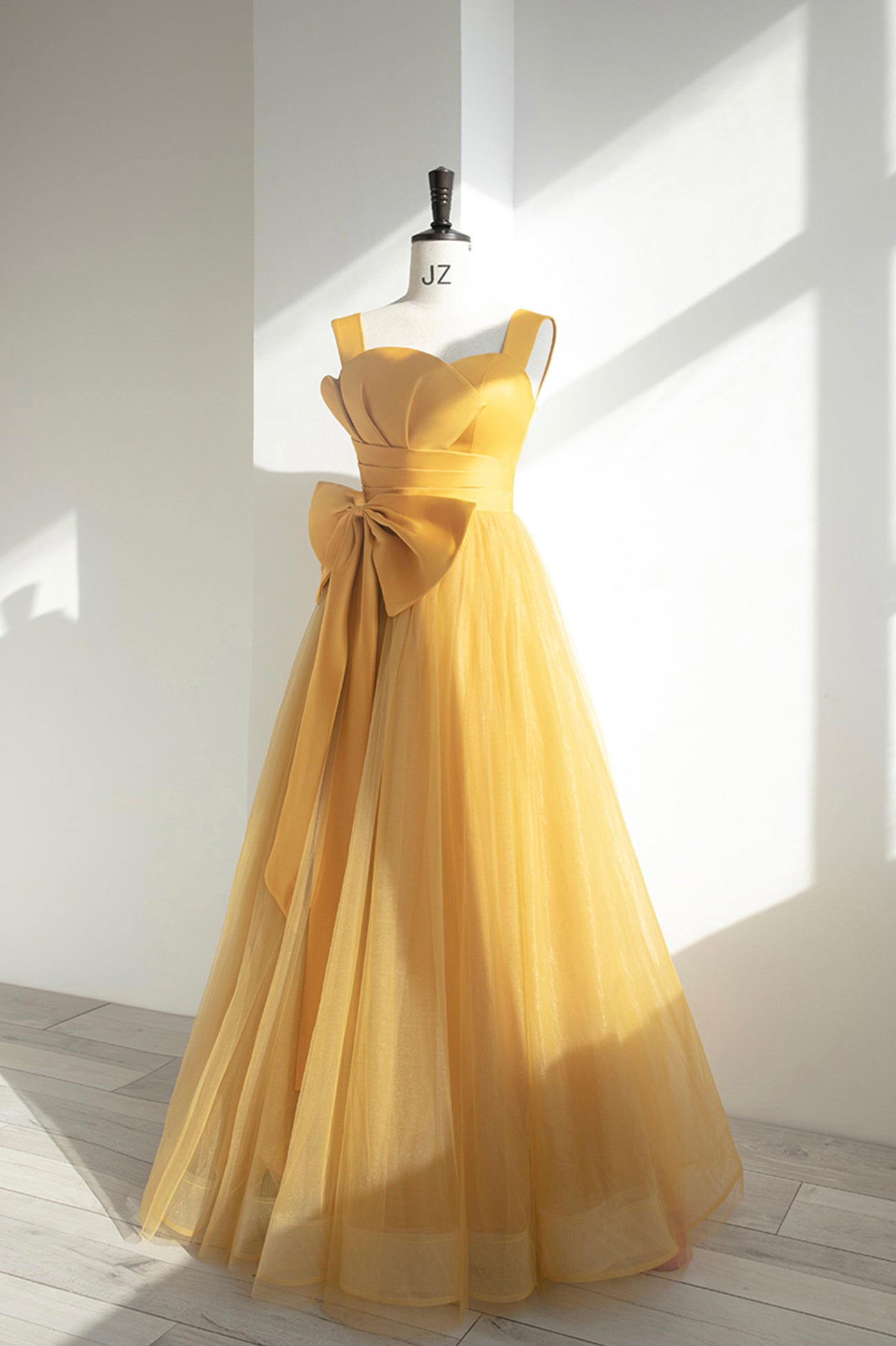 solvbao Yellow Satin Tulle Long Prom Dress, A-Line Evening Dress with Bow