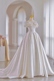 solvbao White Satin Long Ball Gown, A-Line Flower Wedding Gown with Bow