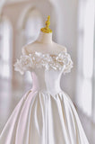 solvbao White Satin Long Ball Gown, A-Line Flower Wedding Gown with Bow