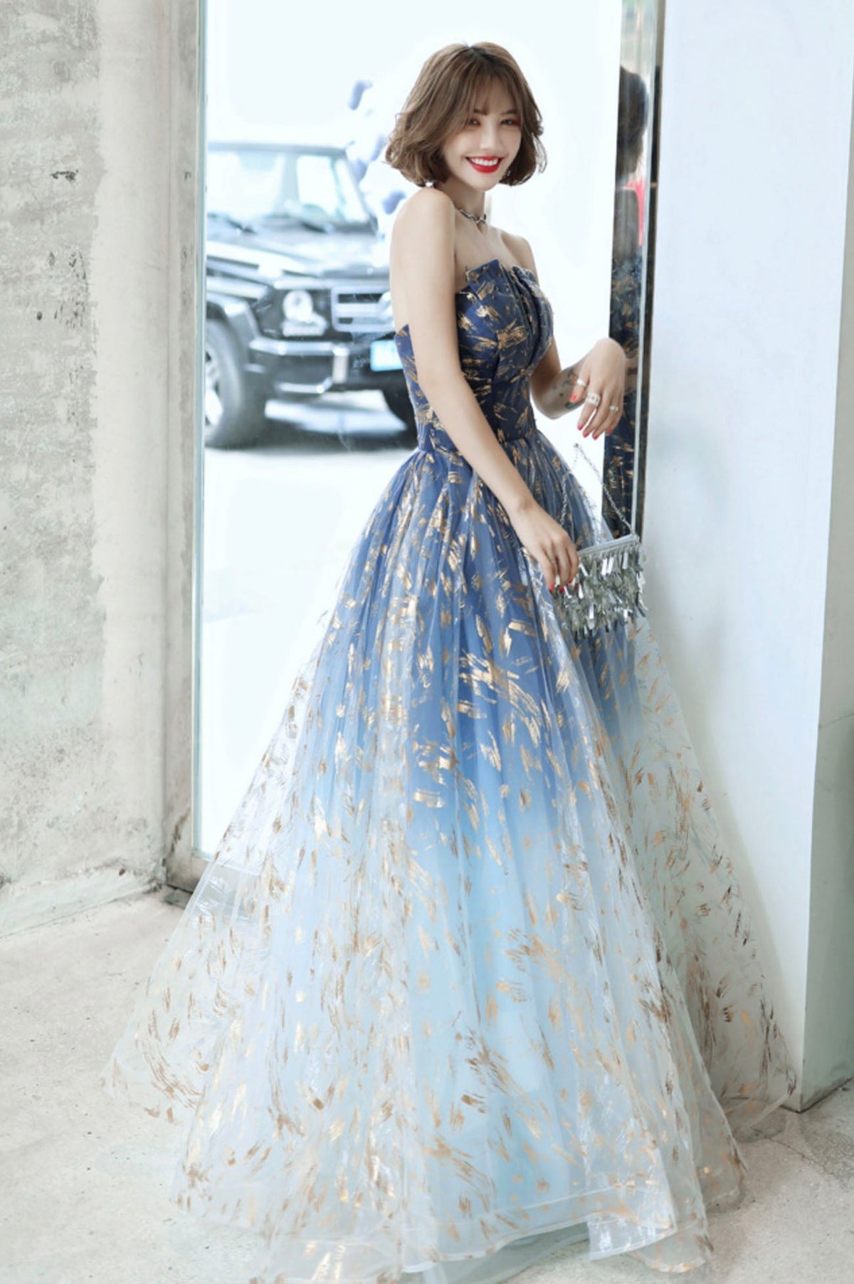 solvbao Blue Tulle Gradient Long Formal Gowns, A-Line Strapless Evening Dresses