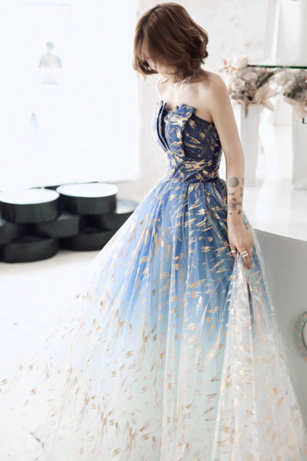 solvbao Blue Tulle Gradient Long Formal Gowns, A-Line Strapless Evening Dresses