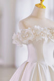 solvbao White Satin Long Ball Gown, A-Line Flower Wedding Gown with Bow