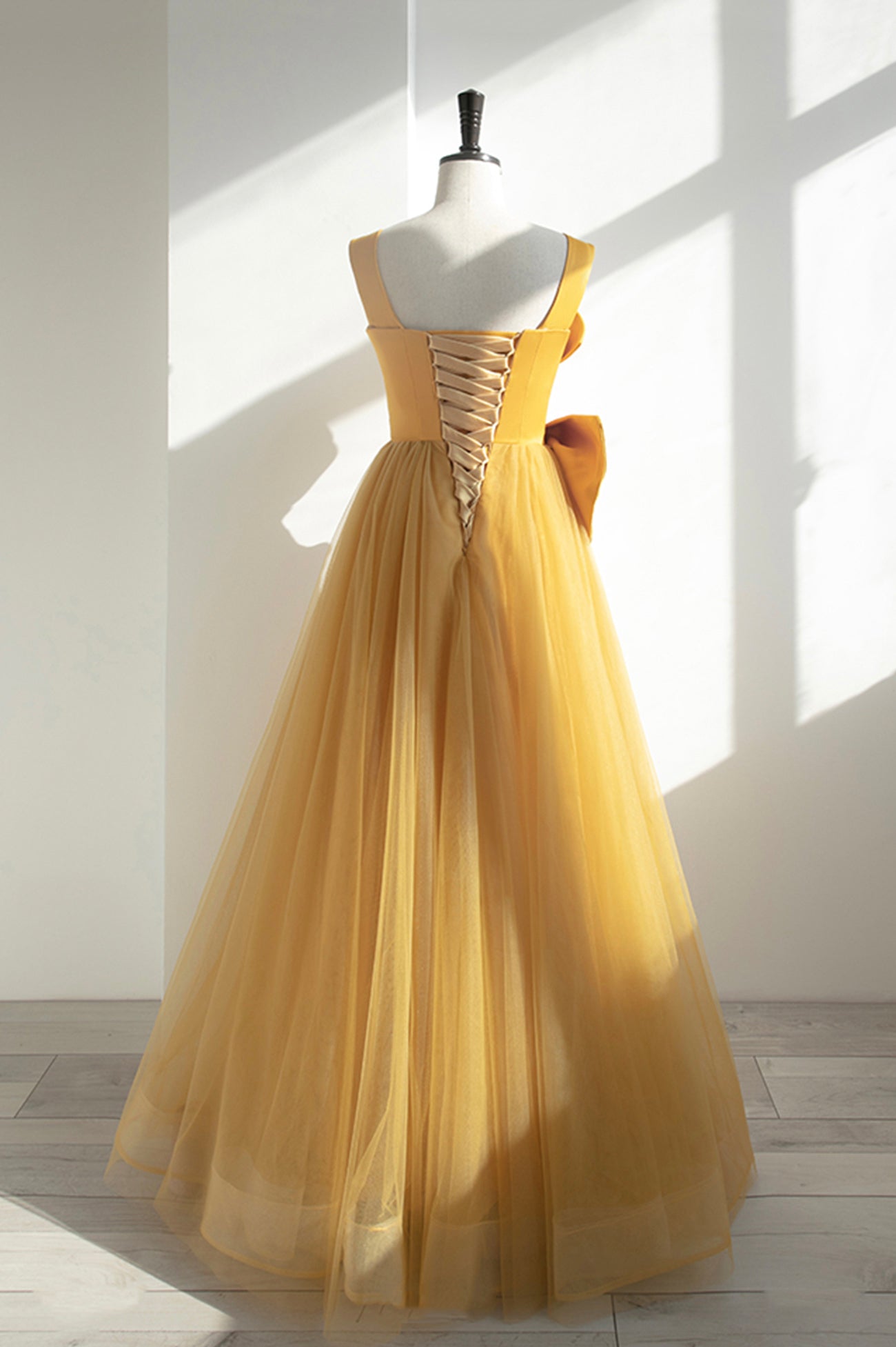 solvbao Yellow Satin Tulle Long Prom Dress, A-Line Evening Dress with Bow