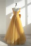 solvbao Yellow Satin Tulle Long Prom Dress, A-Line Evening Dress with Bow