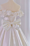 solvbao White Satin Long Ball Gown, A-Line Flower Wedding Gown with Bow