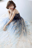 solvbao Blue Tulle Gradient Long Formal Gowns, A-Line Strapless Evening Dresses