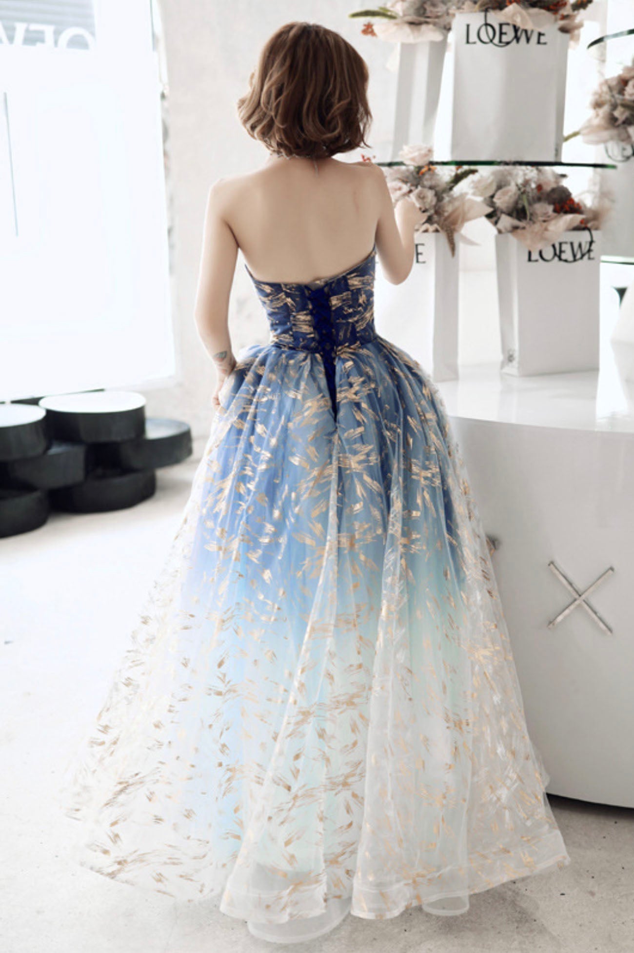 solvbao Blue Tulle Gradient Long Formal Gowns, A-Line Strapless Evening Dresses