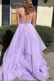 solvbao Purple V-Neck Tulle Long Prom Dresses, A-Line Backless Evening Dresses