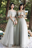 solvbao Gray Tulle Lace Long A-Line Prom Dresses, Gray Tulle Bridesmaid Dresses