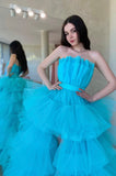 solvbao Blue Tulle High Low Prom Dress, A-Line Strapless Party Dress