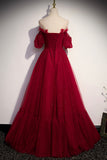 solvbao Burgundy Tulle Long Prom Dresses, A-Line Evening Dresses