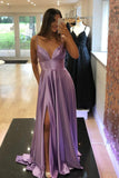 solvbao Purple V-Neck Satin Long Prom Dress, Simple A-Line Evening Dress