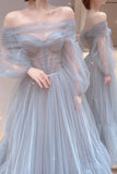 solvbao Blue Tulle Long A-Line Prom Dress, Long Sleeve Tulle Evening Dress