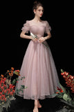 solvbao Pink Tulle Beading Tea Length Prom Dresses, A-Line Homecoming Dresses