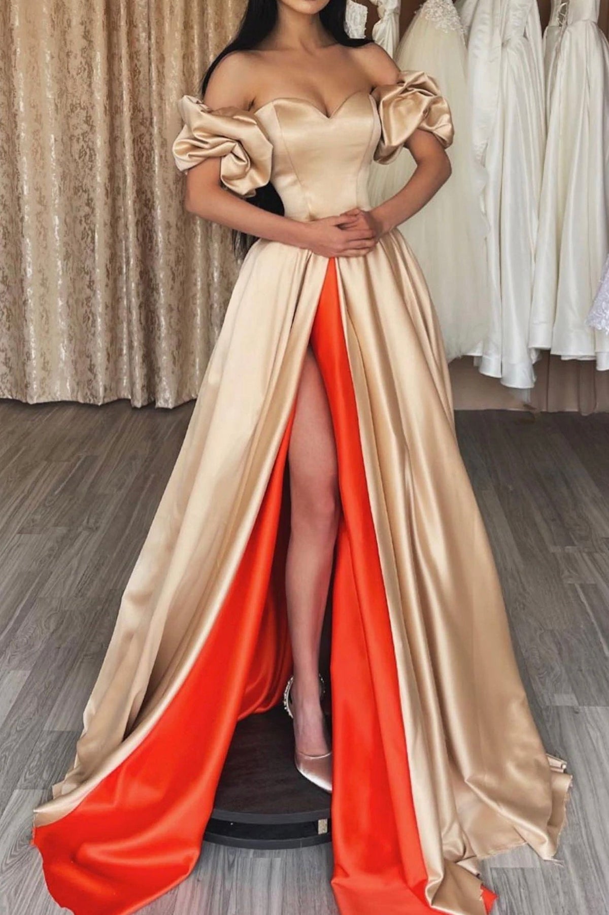 solvbao Chic Satin High Split Prom Dress, A-Line Long Party Dress