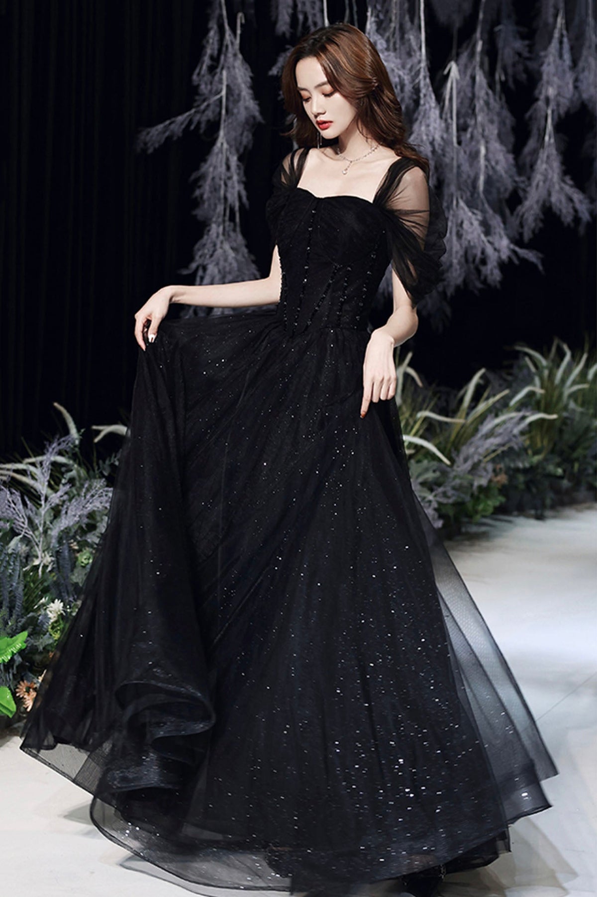 solvbao Black Tulle Long A-Line Evening Dress, Black Sweetheart Neck Prom Dress