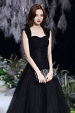 solvbao Black Tulle Long A-Line Evening Dress, Black Sweetheart Neck Prom Dress