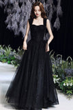 solvbao Black Tulle Long A-Line Evening Dress, Black Sweetheart Neck Prom Dress