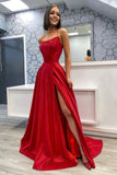 solvbao Red Satin Long A-Line Prom Dress, Red Backless Evening Dress with Slit