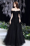 solvbao Black Tulle Long A-Line Evening Dress, Black Sweetheart Neck Prom Dress