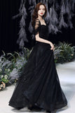 solvbao Black Tulle Long A-Line Evening Dress, Black Sweetheart Neck Prom Dress