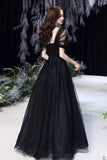 solvbao Black Tulle Long A-Line Evening Dress, Black Sweetheart Neck Prom Dress