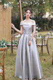 solvbao Gray Saitn Lace Long Prom Dress, A-Line Evening Dress