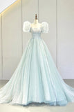 solvbao Lovely Puff Sleeve Tulle Formal Evening Gown, A-Line Long Prom Dress