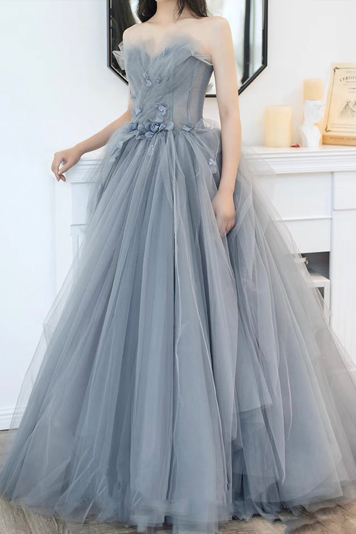 solvbao Gray Tulle Long A-Line Prom Dresses, Gray Strapless Evening Dresses