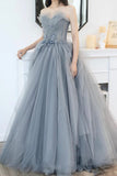 solvbao Gray Tulle Long A-Line Prom Dresses, Gray Strapless Evening Dresses