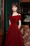 solvbao Burgundy Velvet Off the Shoulder Prom Dress, A-Line Party Dress