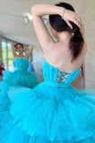 solvbao Blue Tulle High Low Prom Dress, A-Line Strapless Party Dress