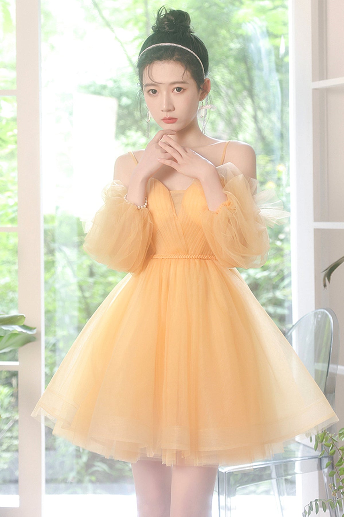 solvbao Yellow Tulle Short Prom Dress, A-Line Short Sleeve Party Dress