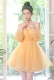 solvbao Yellow Tulle Short Prom Dress, A-Line Short Sleeve Party Dress